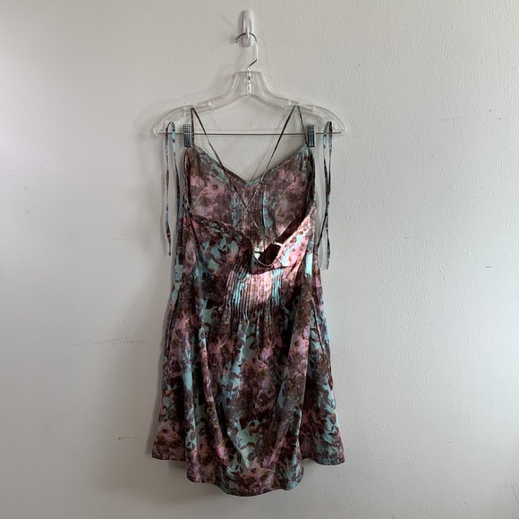 Ecote Abstract Floral Pink and Blue Sundress Pleats, Tie-waist, Pockets! - Picture 5 of 11